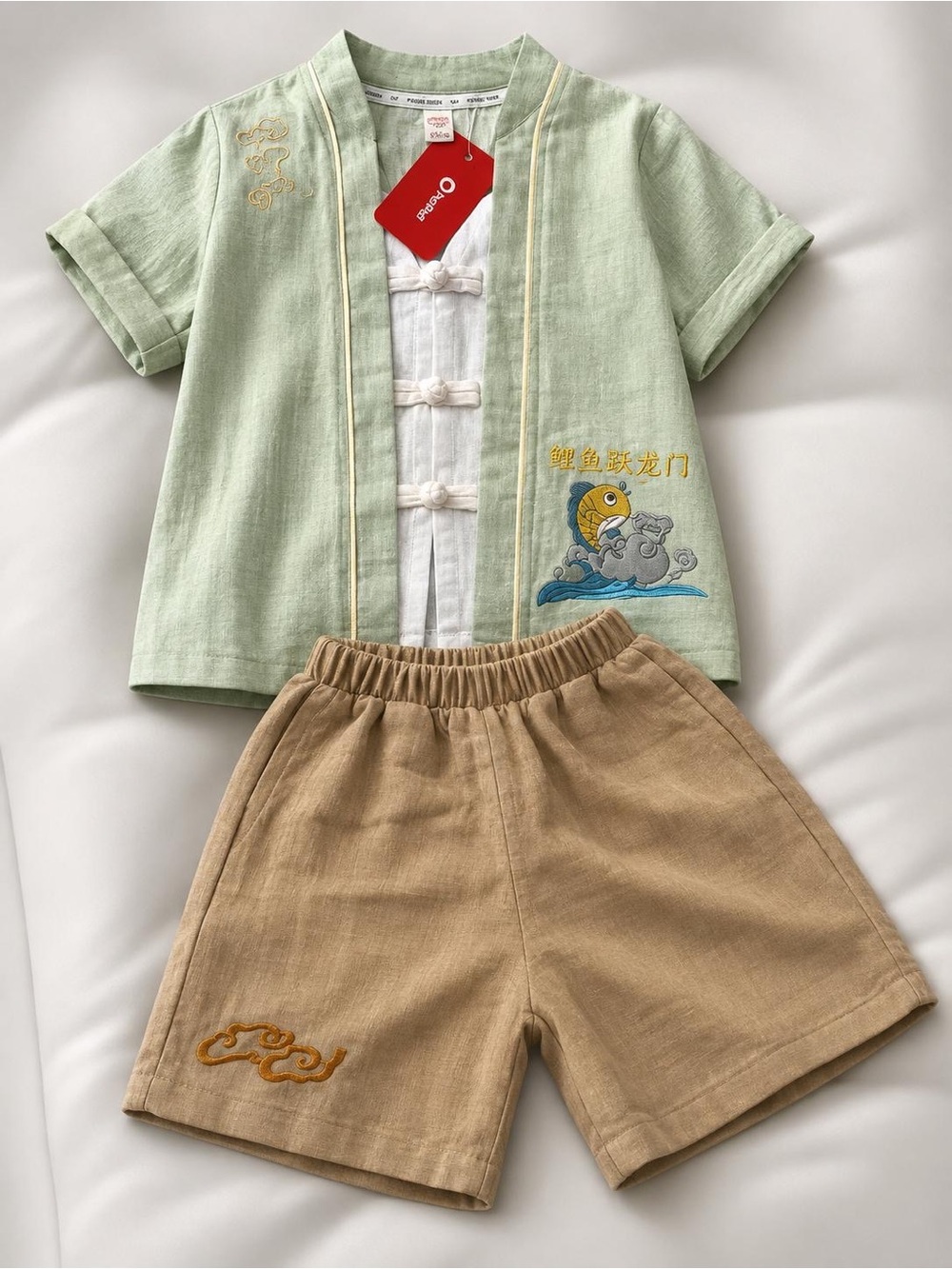 Kids Two-Piece Linen Set - Mint Green Top & Tan Shorts